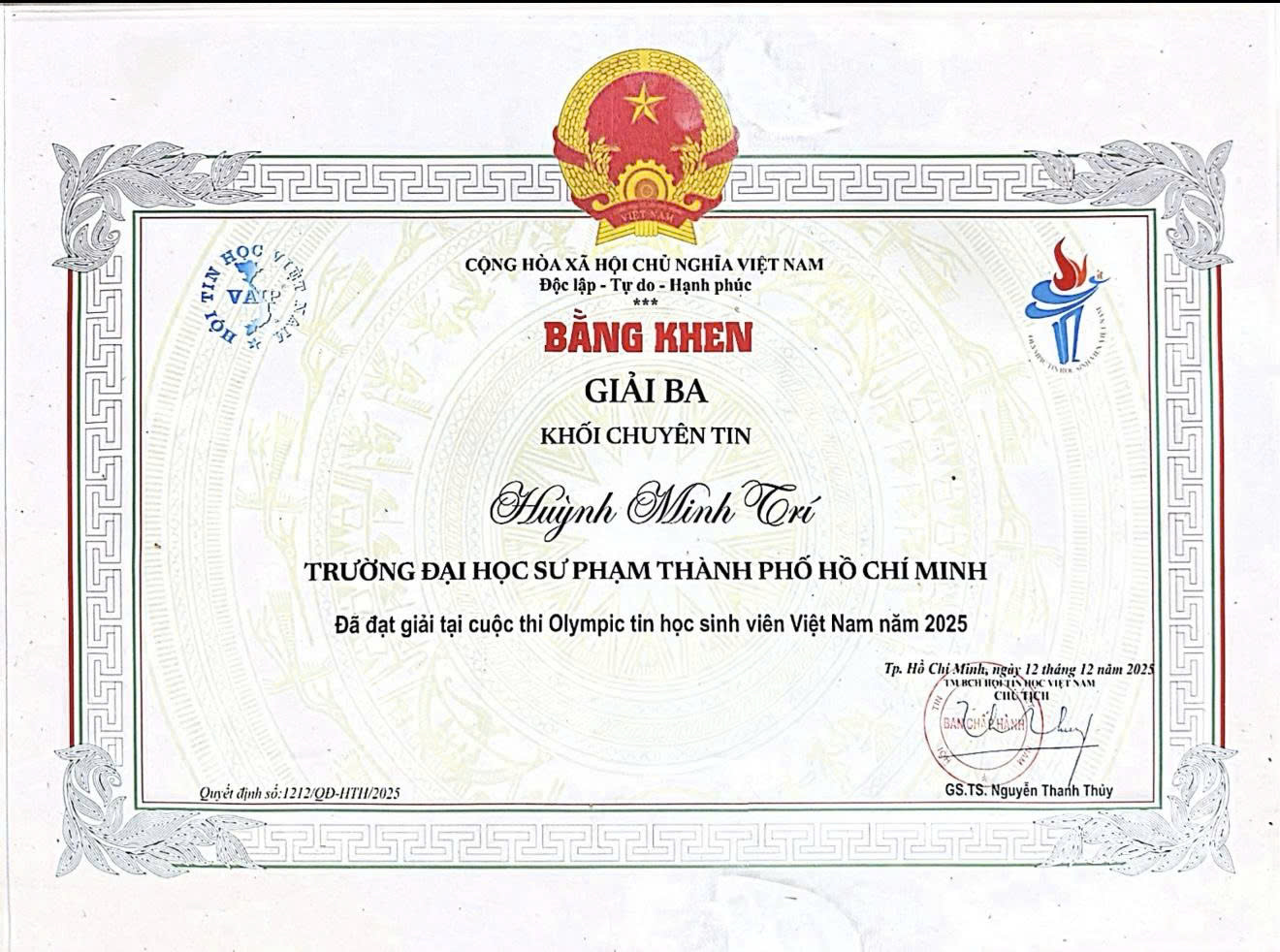 Giải Ba OLP Chuyên Tin toàn quốc